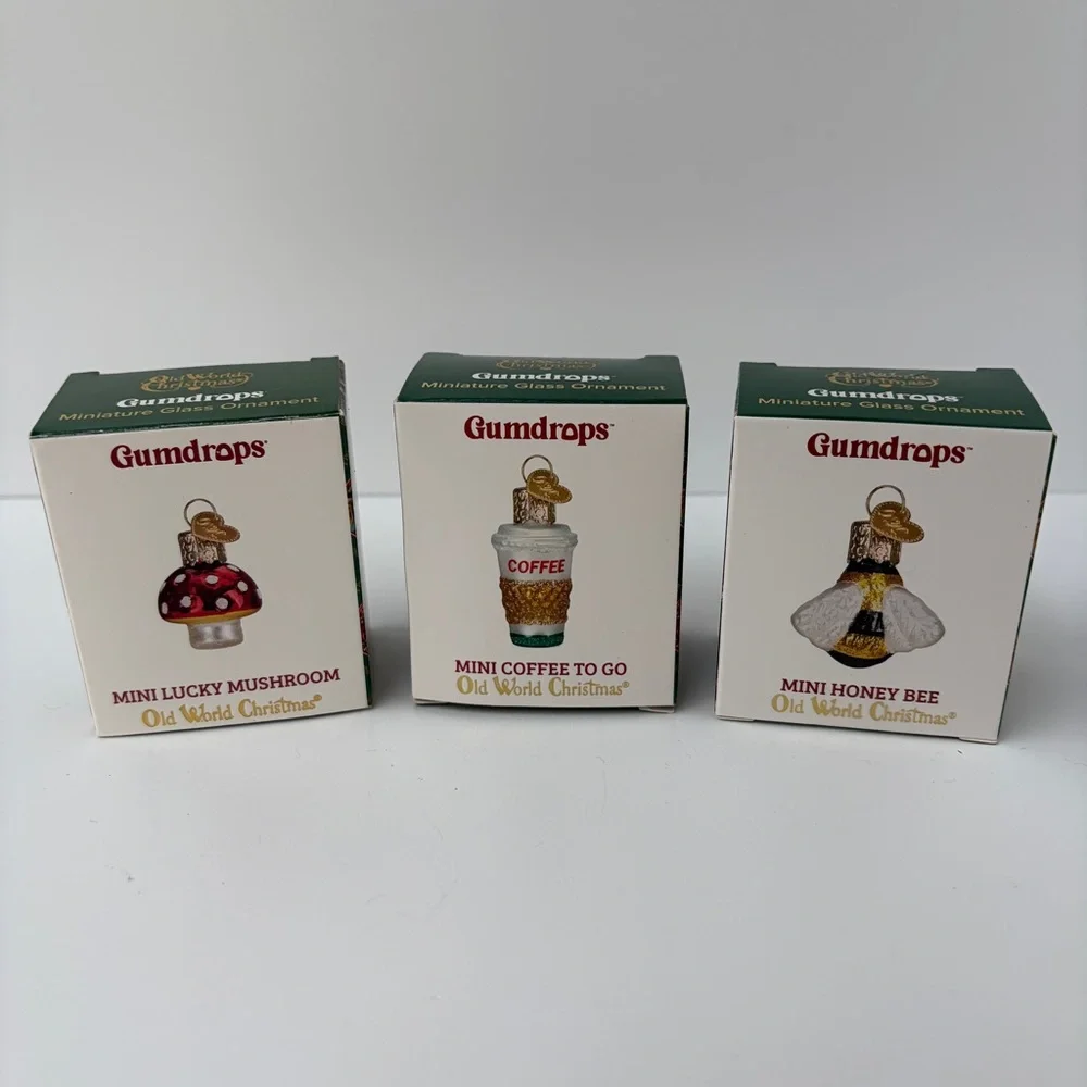 Old World Christmas Gumdrops Set of 3 Mini Ornaments Coffee + Bee + Mushroom